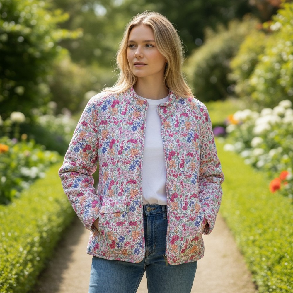 Bagatelle Collection Floral Quilted Jacket Pink Purple Cotton Zip Front Large